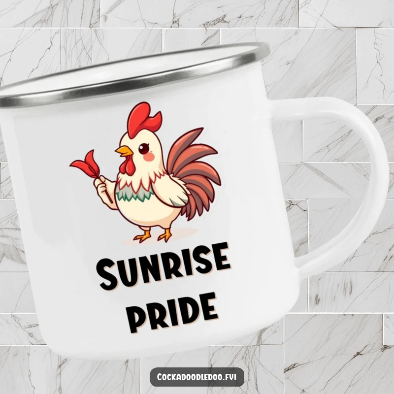 Funny camping mug featuring a proud Kawaii rooster with a shiny red feather, ready for outdoor adventures.
