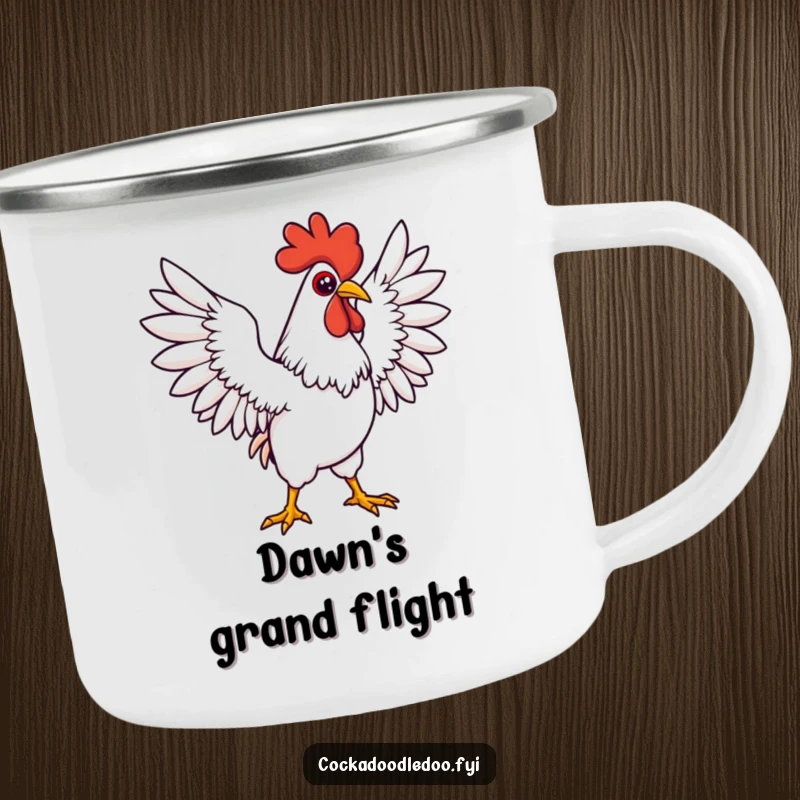 Funny Kawaii rooster camping mug featuring a determined character in a grand pose, wings spread wide. Ready for adventure.