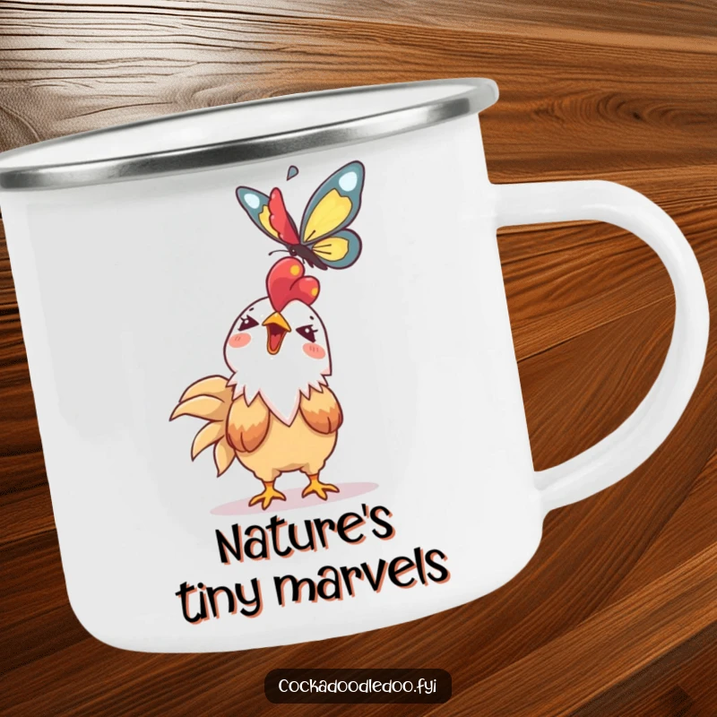 Funny Kawaii rooster camping mug featuring a giggling character looking up at a soaring butterfly. Durable and charming.
