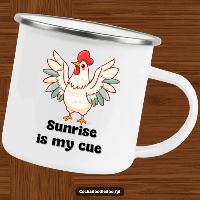 Funny Kawaii Rooster Camping Mug, a cheerful bird with wings spread wide, ready for an outdoor morning call.