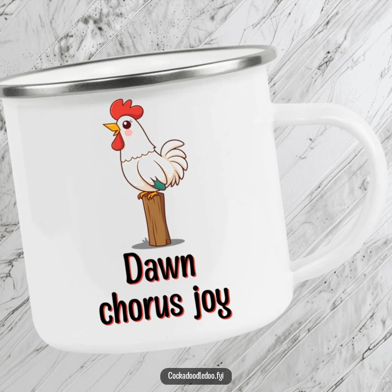 Funny Kawaii rooster camping mug featuring a cute rooster perched on a fence, head thrown back in a joyful crow.