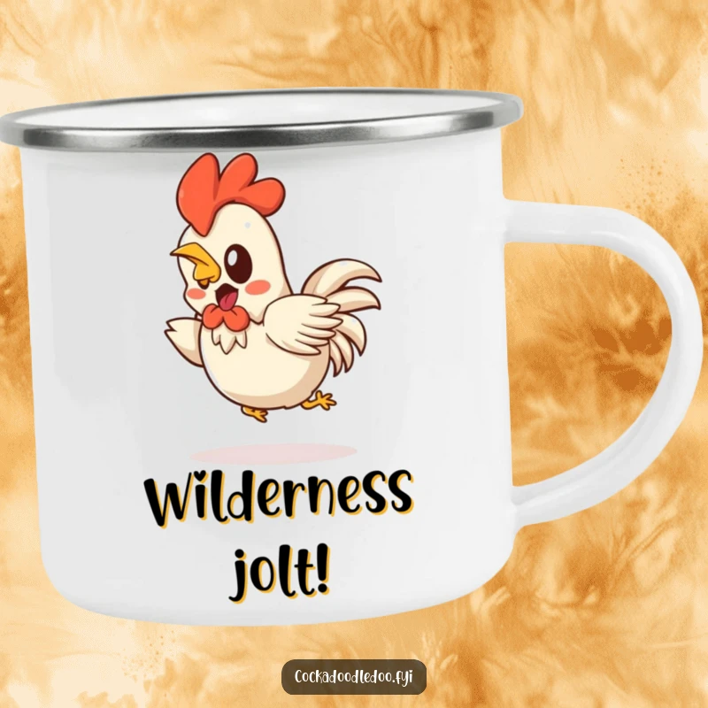 Funny Kawaii rooster camping mug featuring a startled character hopping backwards. Durable and amusing.