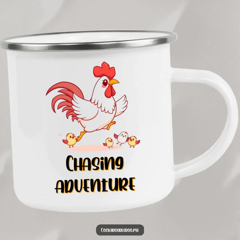 Funny Rooster Camping Mug, playfully chasing smaller birds happily, durable and humorous for outdoors.