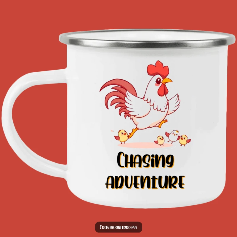 Funny Playful Rooster Camping Mug: Happy Chase Adventure, Perfect Humorous Gift