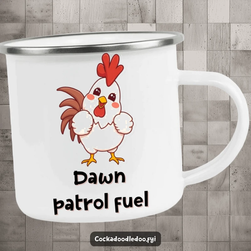 Funny camping mug depicting a proud rooster puffing out its chest and crowing with a wide, joyful smile, perfect for adding humor to outdoor activities.