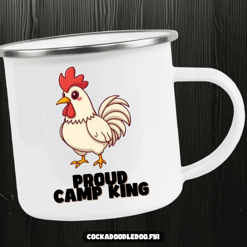 Funny Rooster Camping Mug, chest puffed out, striking a proud pose, durable and humorous for outdoors.