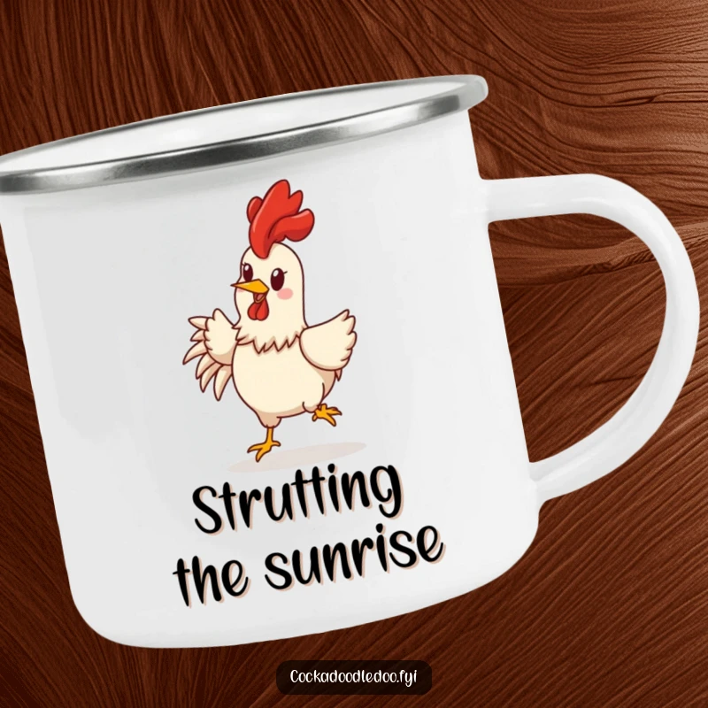 Funny rooster camping mug featuring a cheerful character rooster with comb held high, doing a joyful strut, ready for adventure.