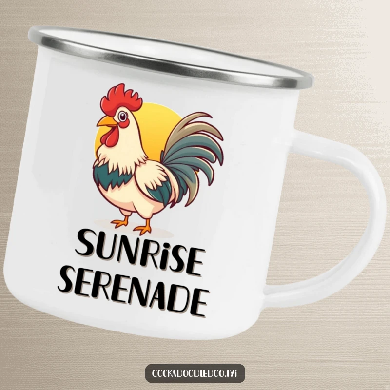 Funny rooster camping mug with a cheerful bird crowing at the sunrise, designed for outdoor enjoyment.