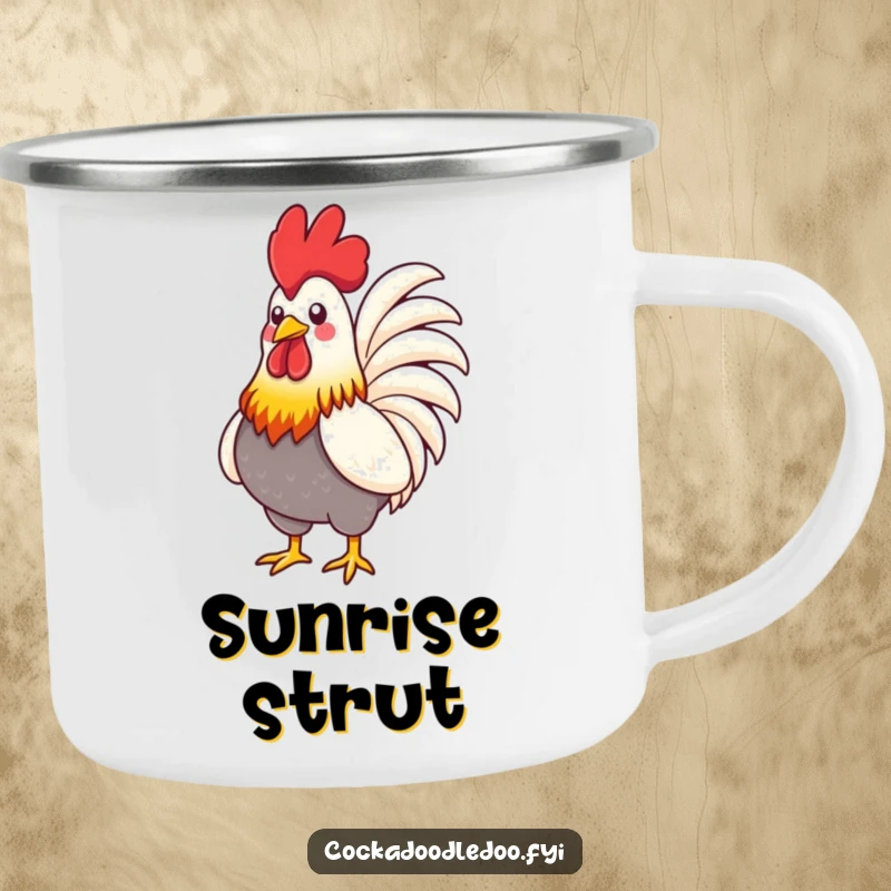 Funny Rooster Camping Mug: A stylized rooster with vibrant feathers proudly puffing its chest, perfect for outdoor enjoyment with flair.
