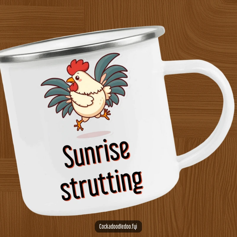 Funny rooster camping mug with a character doing a silly hop with tail feathers fanned out, perfect for rugged, energetic use.