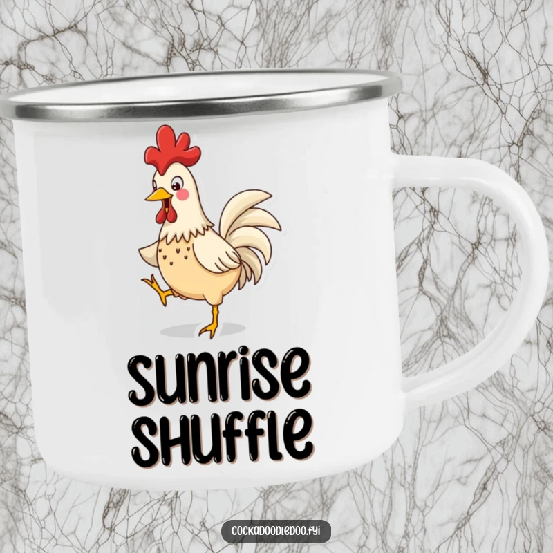 Funny Rooster Jig Camping Mug: An enamel mug featuring a funny rooster dancing around a campfire, comb bobbing.