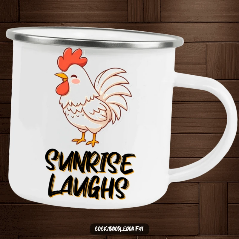 Funny Rooster Camping Mug featuring a character with fluffy tail feathers shaking with laughter, for outdoor enjoyment.