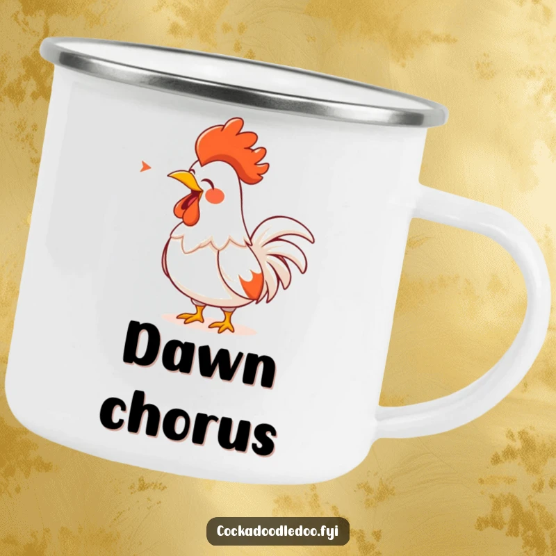 Funny Rooster Camping Mug: A cartoon rooster with a golden comb, singing loudly, perfect for outdoor enjoyment with humor.