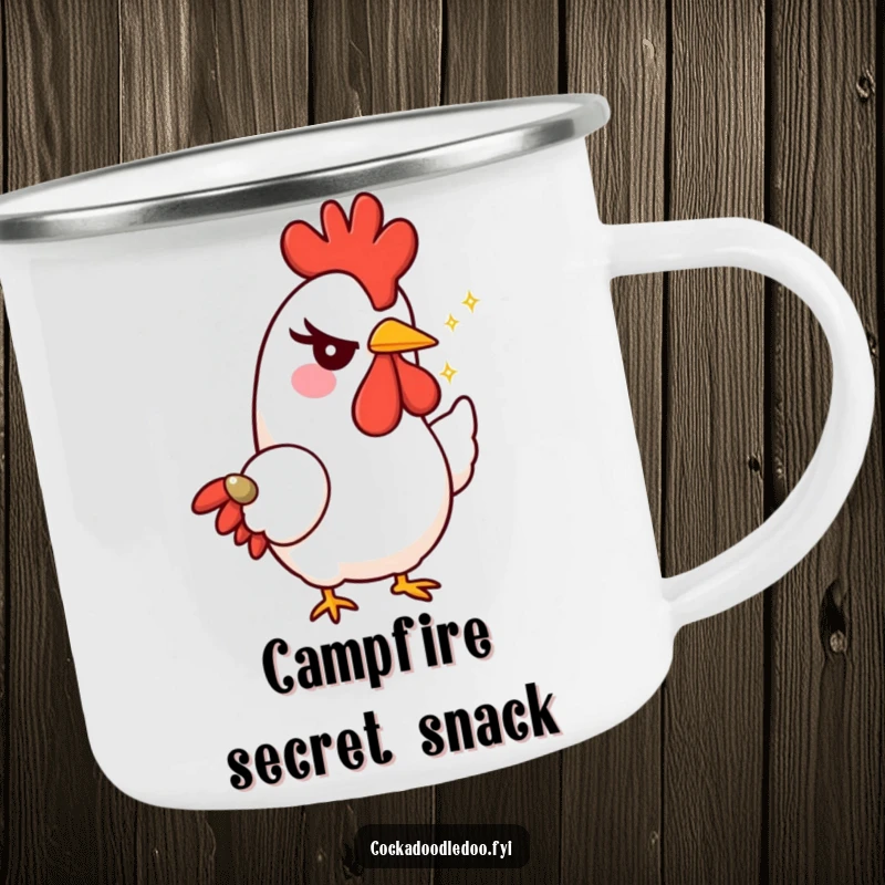 Funny rooster camping mug with a character giving a mischievous wink and offering a tiny, sparkling seed, perfect for rugged, charming use.
