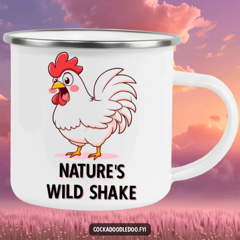 Funny Shocked Rooster Camping Mug: An enamel mug with a rooster exclaiming with startled eyes and shaking fluffy tail feathers.