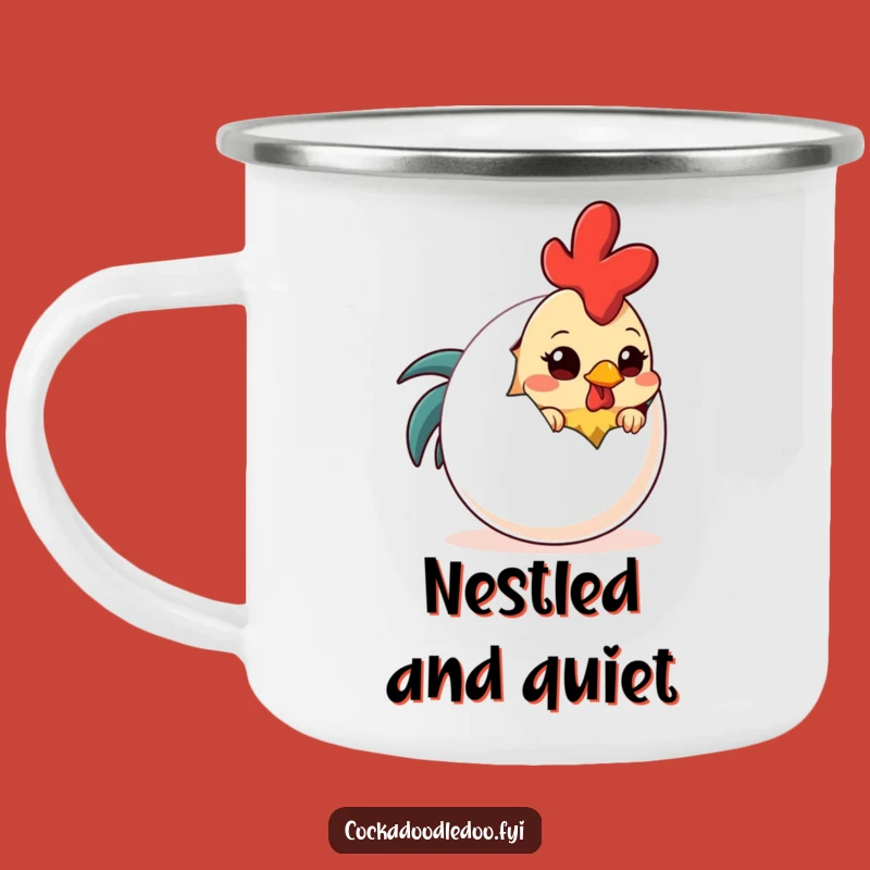 Funny Shy Rooster Egg Camping Mug: Enamel Cup for Gentle Adventures, Humorous Gifts