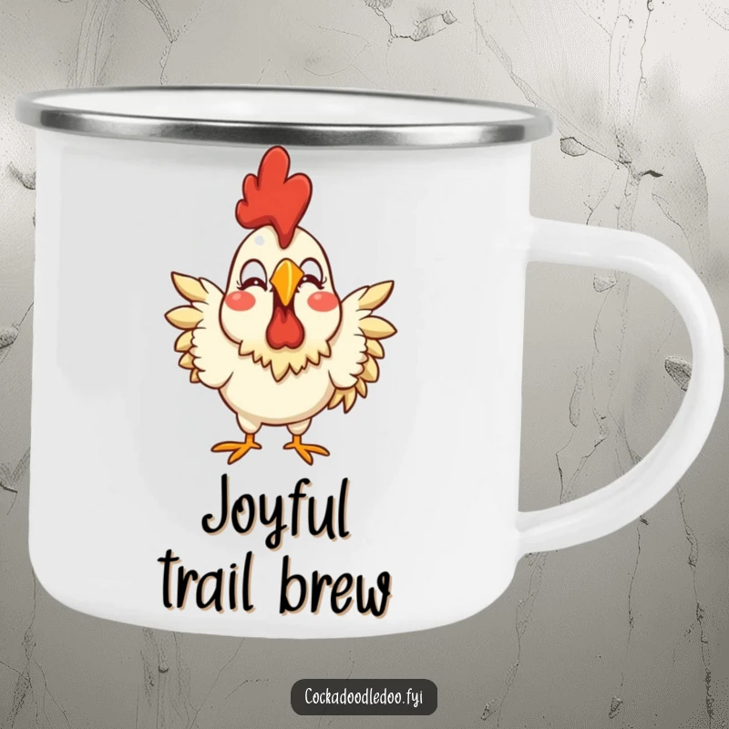 Funny camping mug with a stylized rooster displaying an exaggerated joyful expression, perfect for outdoor trips with humor.