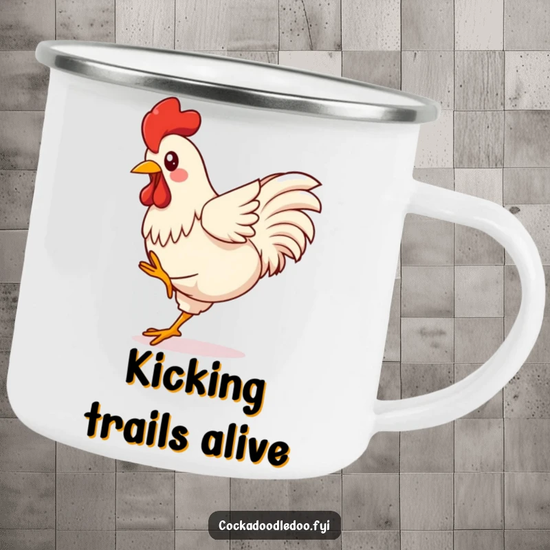 Funny Kawaii Rooster Camping Mug featuring a happy bird kicking its legs with pure, exuberant, and playful energy.