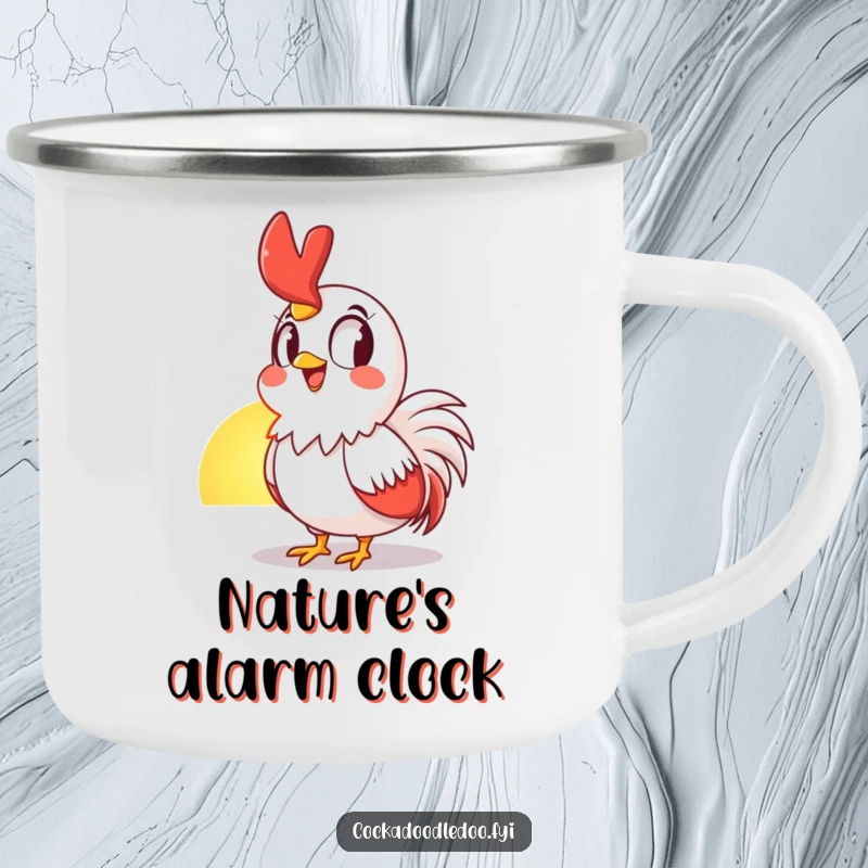Funny Camping Mug showcasing a rooster's awestruck expression at sunrise, with a grin, for rugged, humorous adventures.