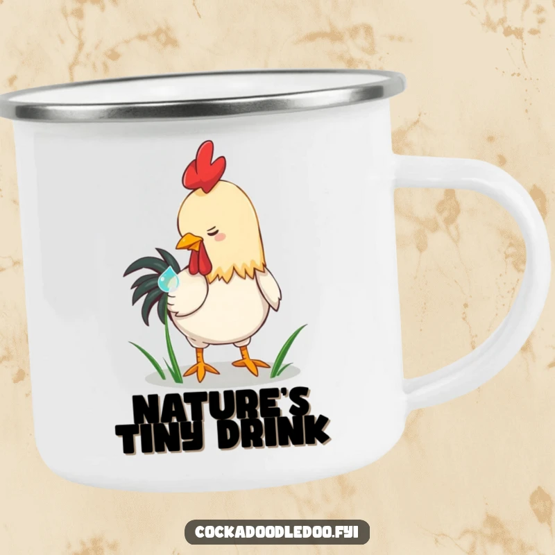 Funny playful rooster camping mug, pecking a dewdrop on grass. Durable and humorous for outdoor trips, a fantastic funny gift.