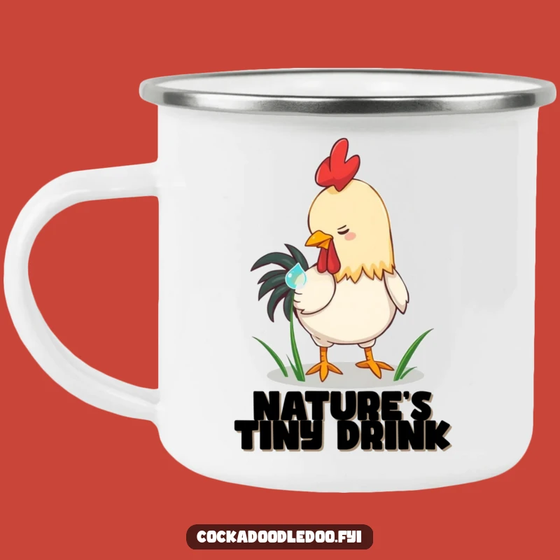 Funny Playful Rooster Dewdrop Camping Mug: Sip Nature's Joy, a Lovely Funny Gift
