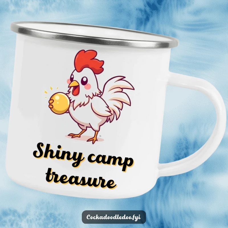 Funny Rooster Camping Mug, energetically pecking at a shiny object, durable and humorous for outdoors.
