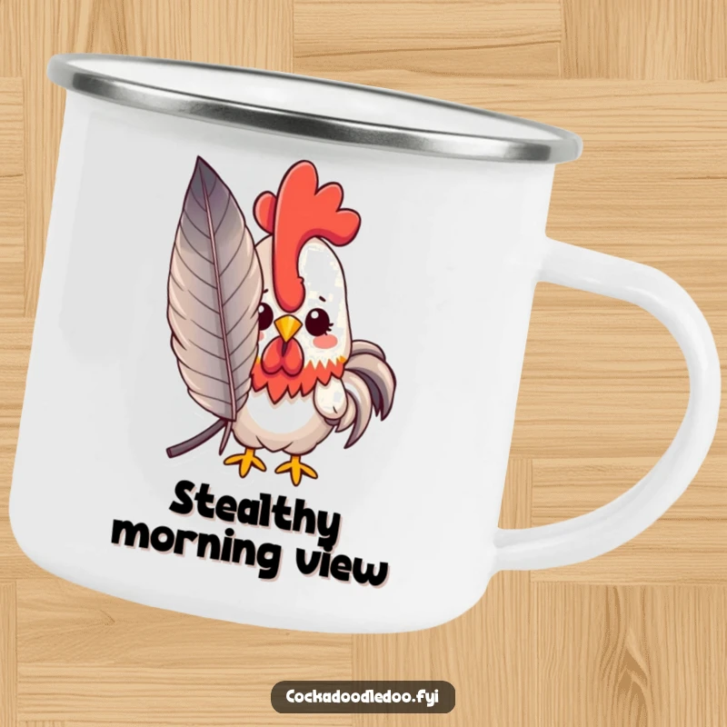 Funny peeking kawaii rooster camping mug showing a shy rooster peeking from behind a large feather, a durable funny gift.