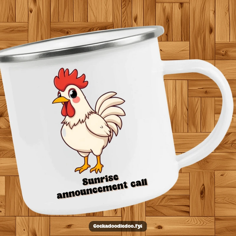 Funny rooster camping mug showing a proud rooster crowing loudly, chest puffed out, perfect for outdoor cheer.