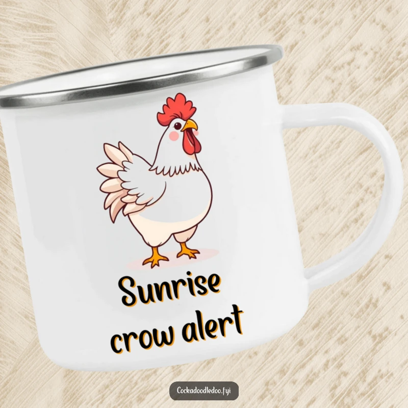 Durable camping mug featuring a funny kawaii rooster proudly crowing, perfect for outdoor enthusiasts.