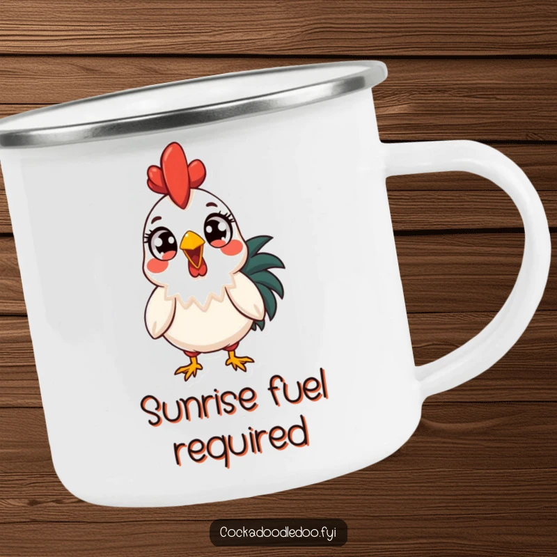 Funny surprised rooster camping mug, shocked by dawn in the great outdoors. A humorous and durable mug for adventurers, a fantastic funny gift.