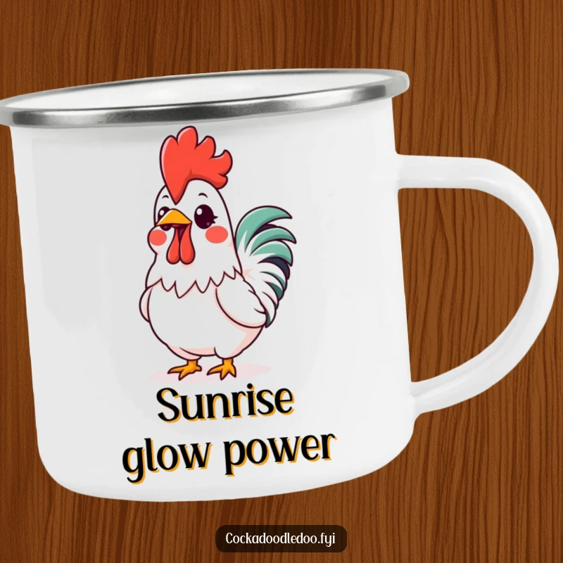Funny Kawaii Rooster Comb Camping Mug: Durable mug featuring an excited rooster with a vibrant, glowing comb, perfect for humorous outdoor enjoyment.