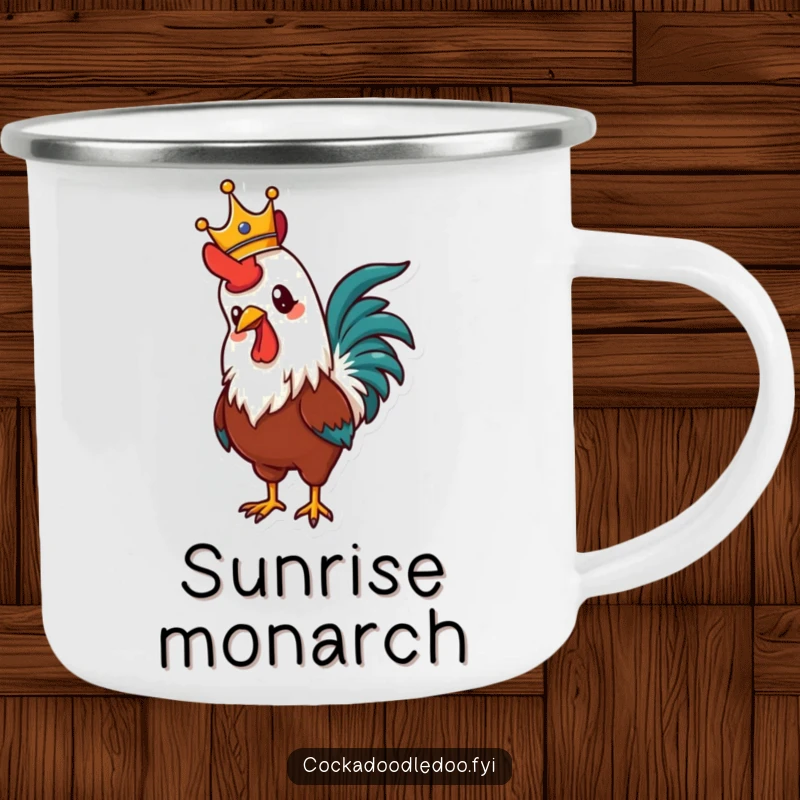 Funny camping mug featuring a proud rooster adorned with a crown, crowing magnificently, perfect for enjoying morning brews outdoors.