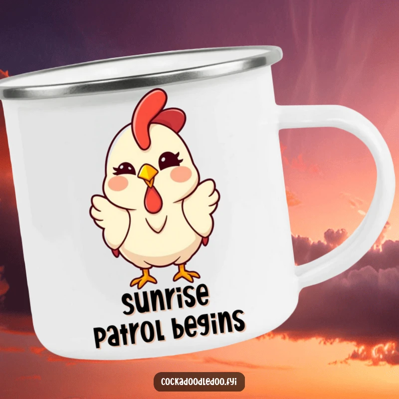 Funny Kawaii Rooster Camping Mug with a cute chicken winking playfully, designed for outdoor use and adding humor to camp trips.