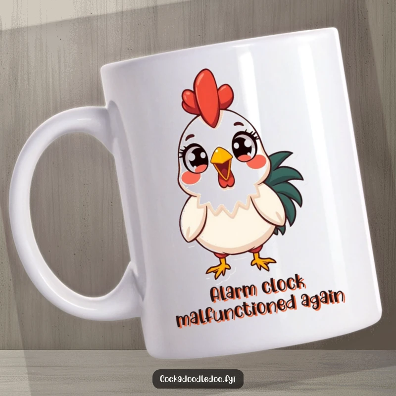 Funny surprised rooster mug, eyes wide with shock at the sunrise. Perfect for coffee lovers who dread early mornings, a humorous gift.