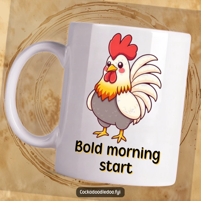 Funny Rooster Mug: A stylized rooster with vibrant feathers proudly puffing its chest with confidence and flair.