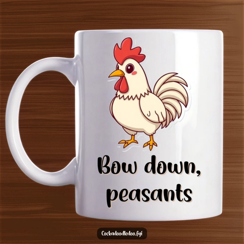 Funny Rooster Mug, chest puffed out, striking a proud pose, showing confidence and humor.