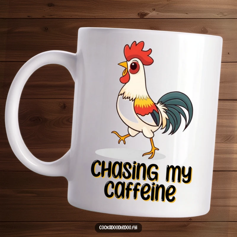 Funny mug showing a rooster playfully chasing its own shadow, embodying silliness and lighthearted fun for a cheerful gift.