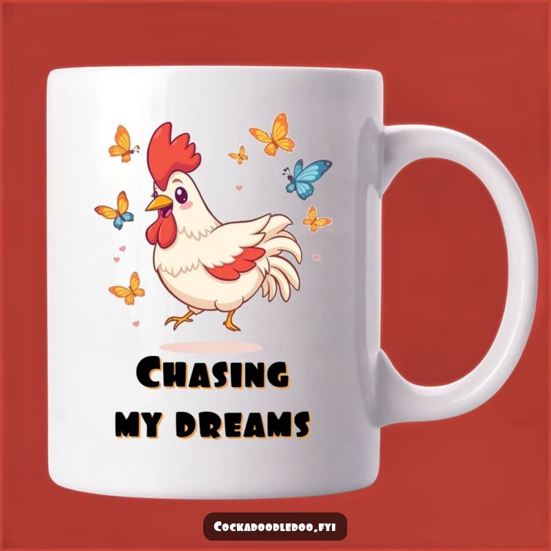 Funny Kawaii Rooster Mug - Playful Butterfly Chase for Smile Moments