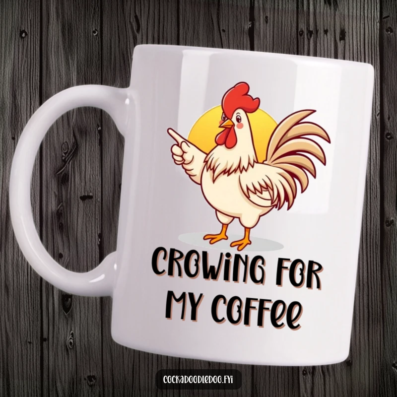 Funny rooster mug featuring a rooster enthusiastically pointing towards a vibrant sunrise, perfect for coffee.