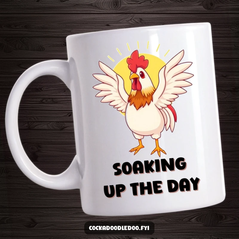 Funny mug depicting a rooster stretching its wings wide, basking contentedly in the warm sunlight, radiating peace.