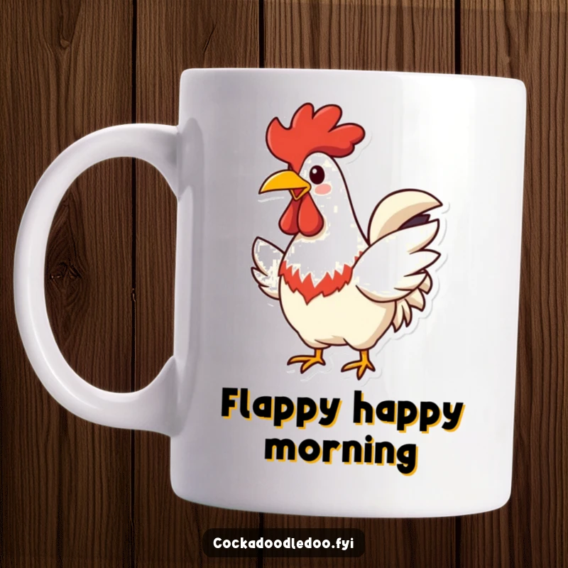 Funny Rooster Mug, wide cheerful beak, flapping wings happily, showing joy and energy, perfect for coffee.