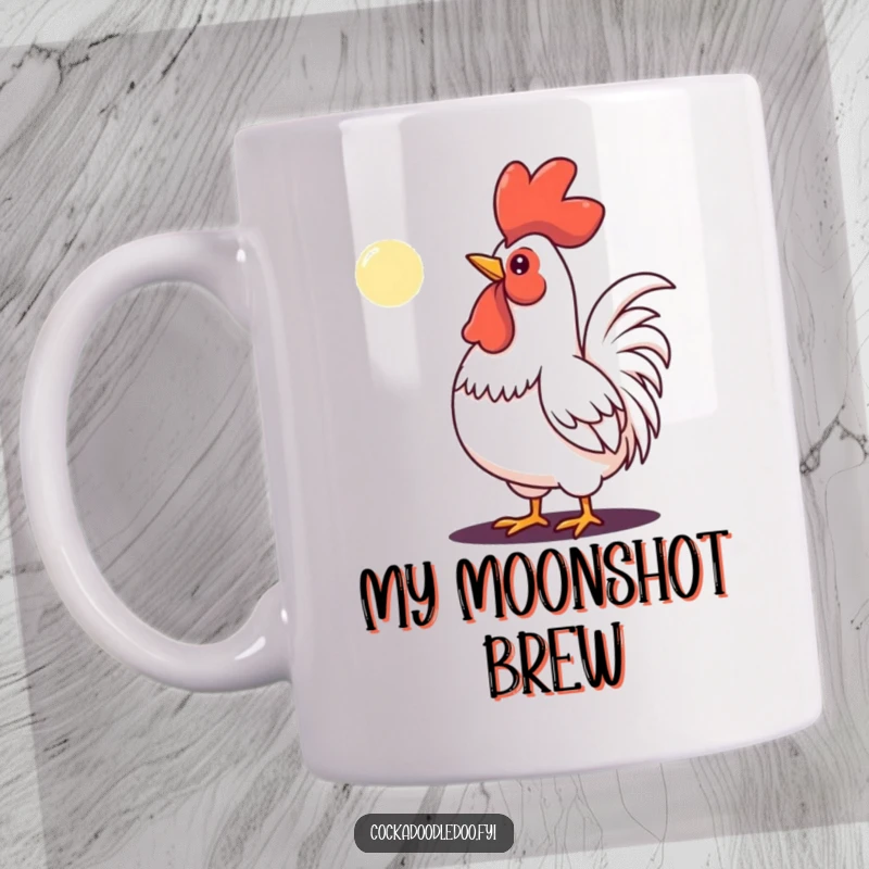 Funny mug showcasing a determined rooster loudly crowing at a small, distant moon, embodying ambition.