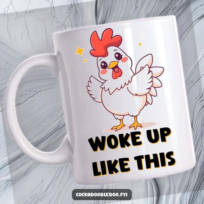 Funny mug depicting a rooster with a wide, beaming grin and sparkling eyes, joyfully doing a celebratory flutter.