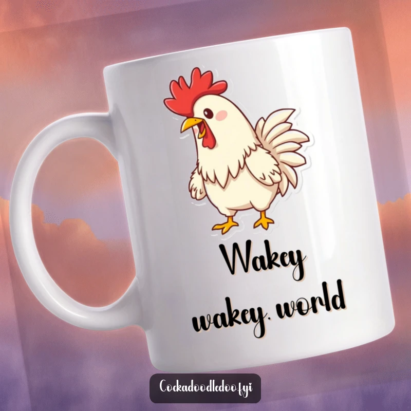 Funny Happy Rooster Crowing Mug: A determined rooster with a big smile, joyfully crowing at the sunrise.