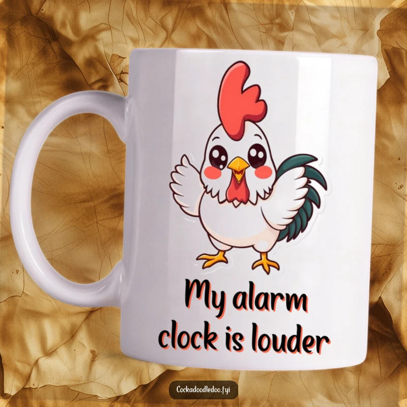 Funny kawaii rooster with bright eyes crowing enthusiastically, shown on a mug, exuding morning cheer and delightful energy.