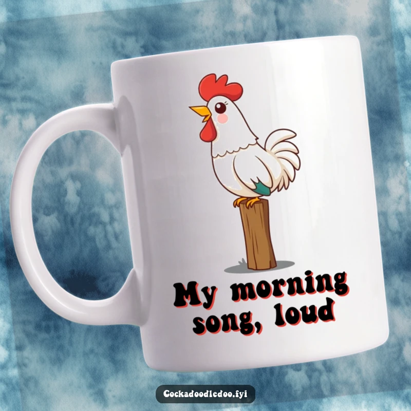 Funny Kawaii rooster mug featuring a cute rooster perched on a fence, head thrown back, letting out a joyful crow.