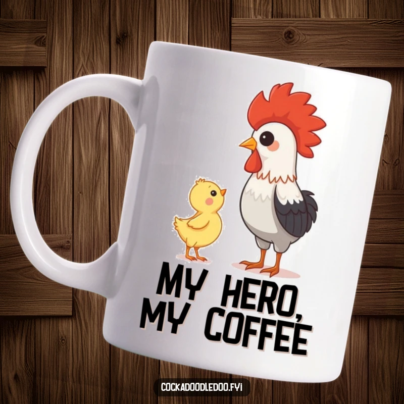 Funny scene of a baby chick gazing up with awe at a proud rooster, depicted on a mug, celebrating cherished bonds.