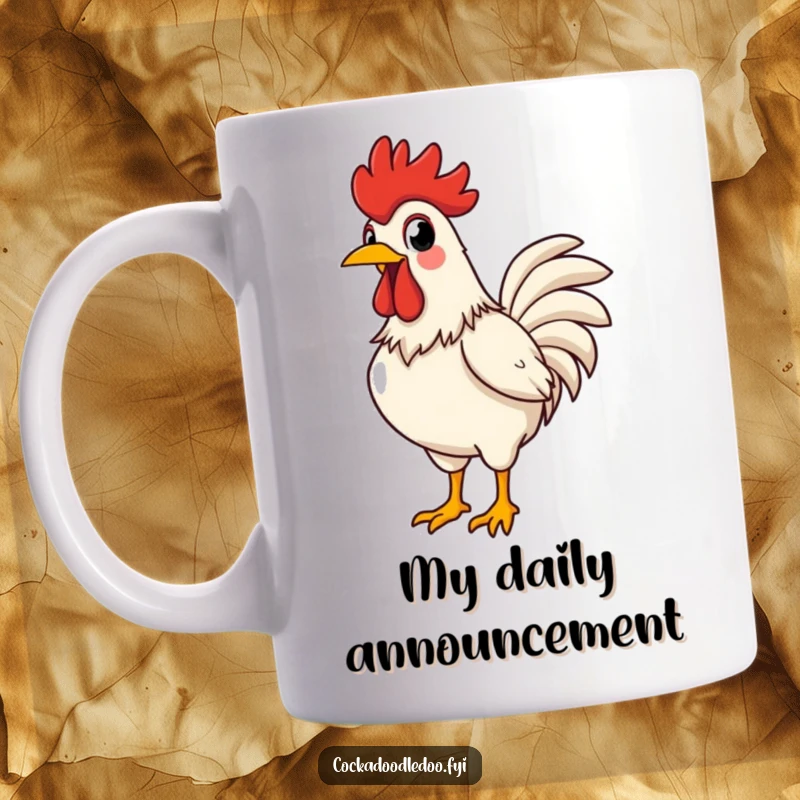 Funny rooster mug of a proud rooster with chest puffed out, crowing loudly with exaggerated delight and confidence.