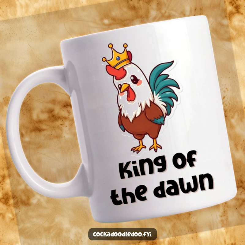 Funny mug featuring a proud rooster wearing a golden crown, crowing loudly with immense self-importance, exuding regal charm.