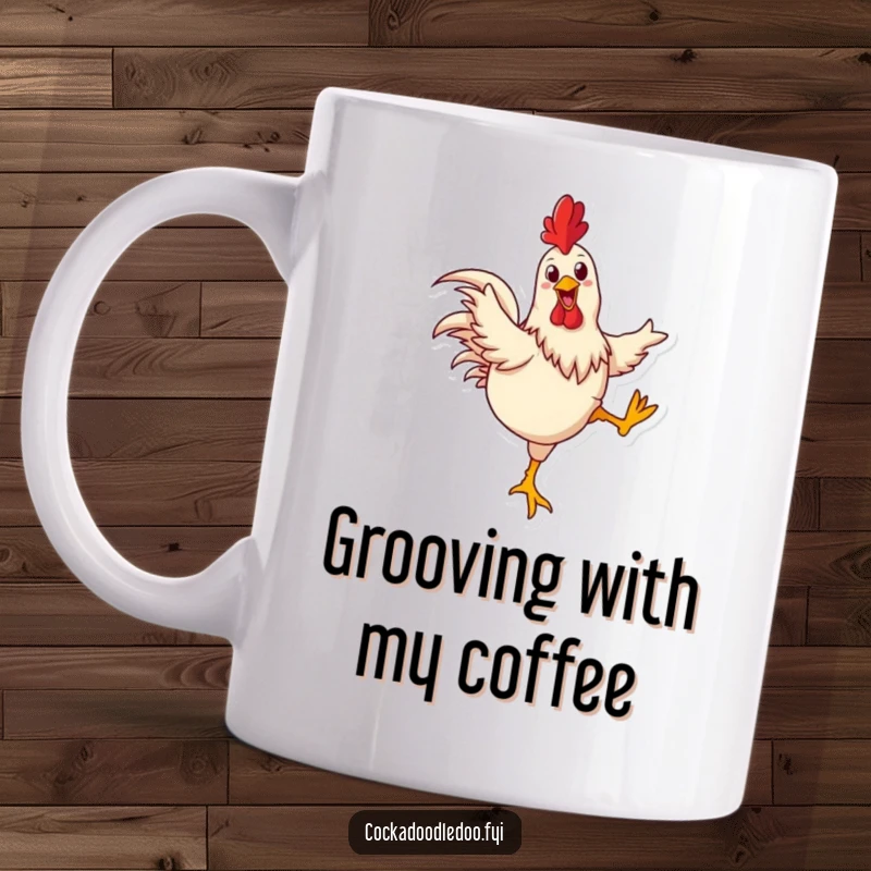 Funny rooster mug of a happy rooster joyfully kicking its legs as if dancing, full of energy and mirth.